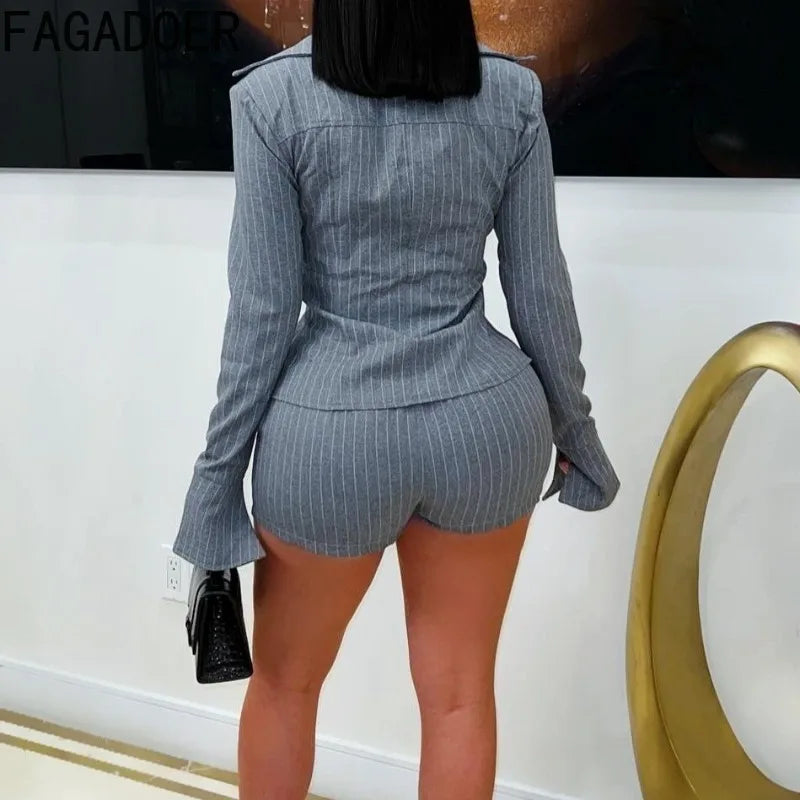 FAGADOER Sexy Stripe Patchwork 2 Piece Sets Woman Outfit Bandage Flare Sleeve Crop Top + Shorts Suit Female Streetwear Clothing