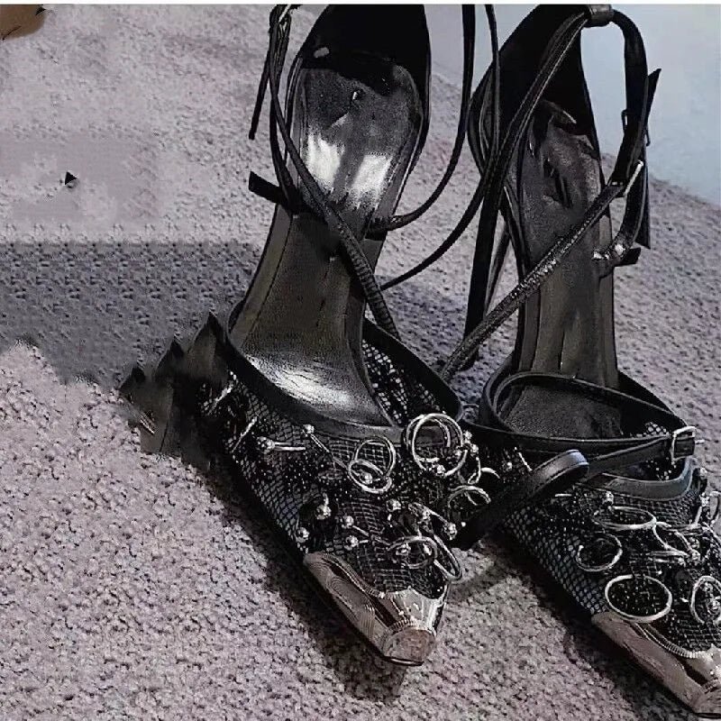 Genuine Leather Mesh Silver Buckle Strap Pumps for Women