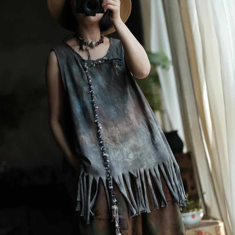 Casual Loose Fit Print Tassels Tank Top Cotton for Women