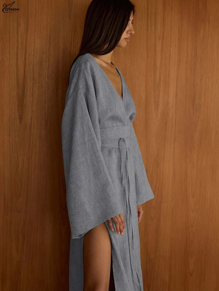 Oymimi Elegant Grey V-Neck Womens Dresses Fashion Long Sleeve Lace-Up Loose Dresses Casual Side Slit Ankle-Length Dress Female