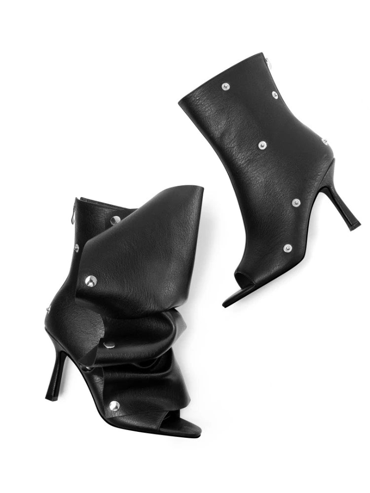 Mid-Calf Open Toe High Heel Pleated Boots for Women