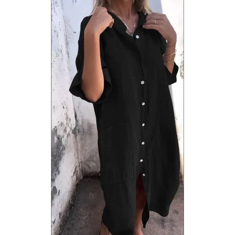 Loose Mid Calf Single Breasted Shirt Dress With Pockets For Women