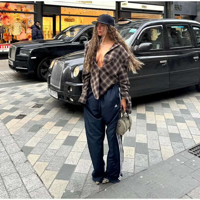 Chic Tailored Plaid Women's Shirts Unique Laple Contrast Full Sleeve Oversize Female Blouse 2025 Autumn Fashion Lady Streetwears