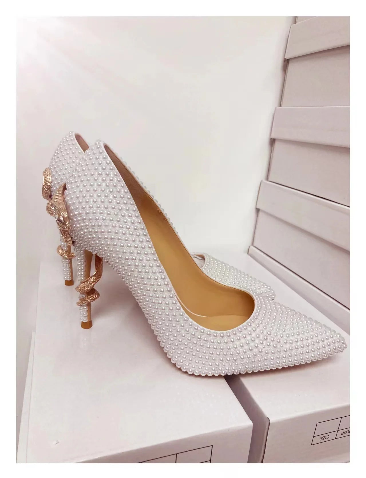 Golden Pearl Embellished Bridal High Heel Pumps For Women