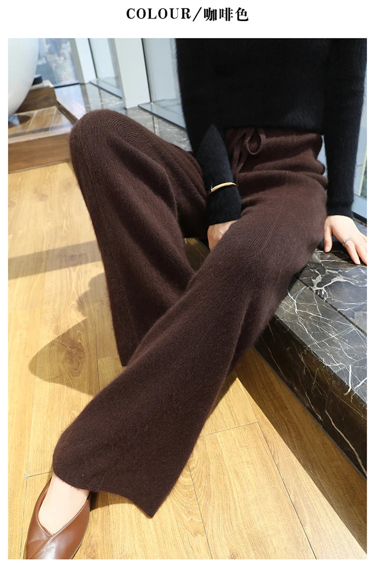 Elastic Waist Wide-Leg Knitted Cashmere Trousers for Women