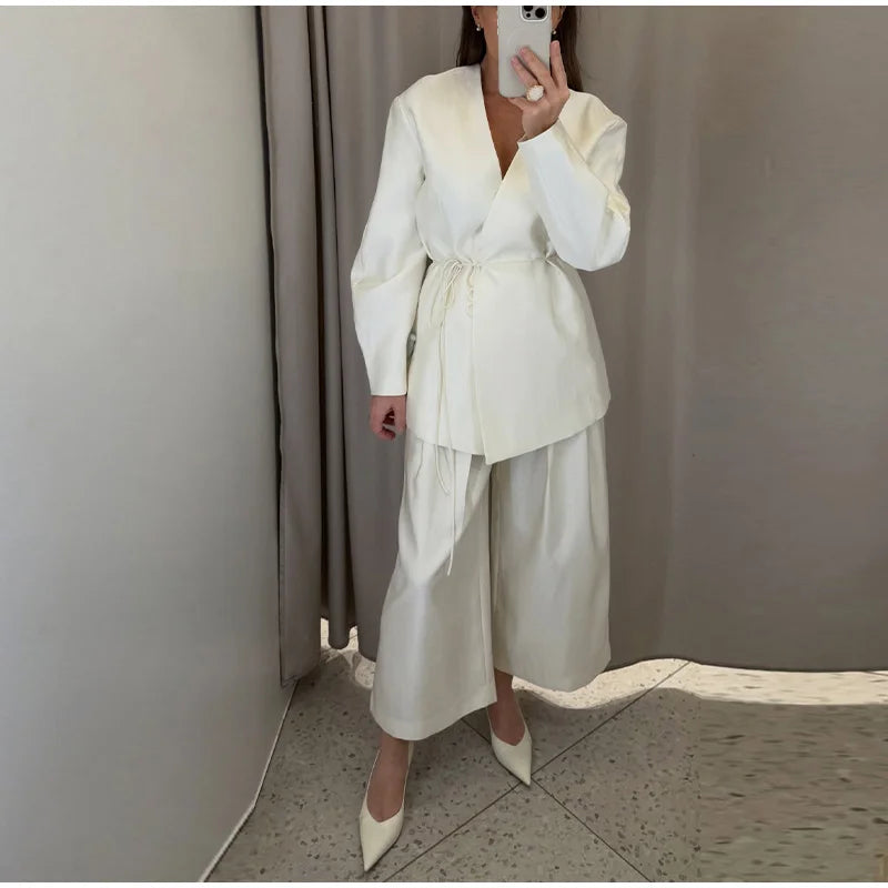Lace Up Jacket and Wide Leg Pants Suit Set for Women