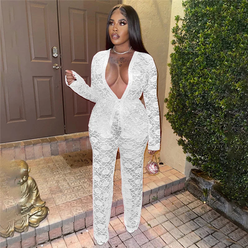 Sexy Lace Sheer Open Stitch Two Piece Set for Women