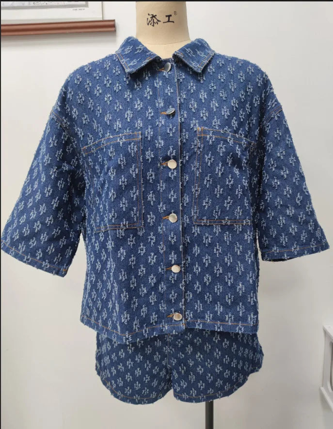 Casual Two-Piece Denim Set With Lace-Up Shorts for Women