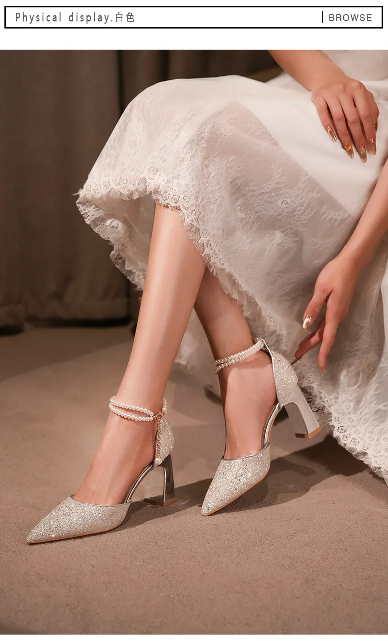 Pearl Embellished High Heel Ankle Strap Sandals for Women