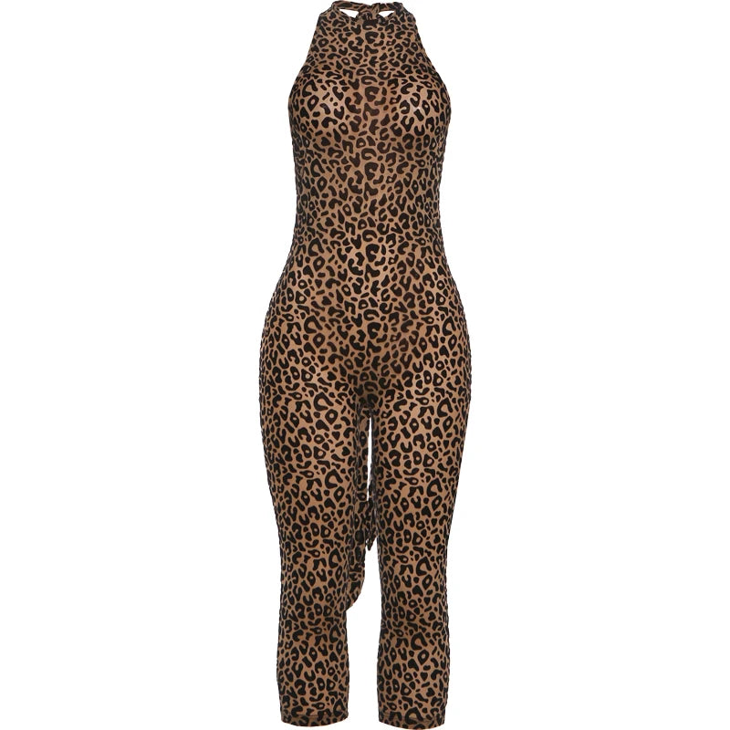 Leopard Print Backless Sleeveless Halter Romper for Women
