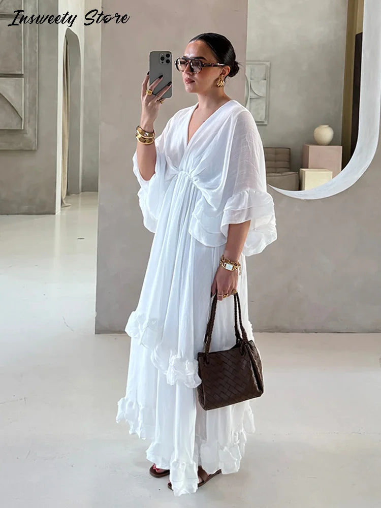 Ruffled V Neck Pleated Ankle Length Dress for Women