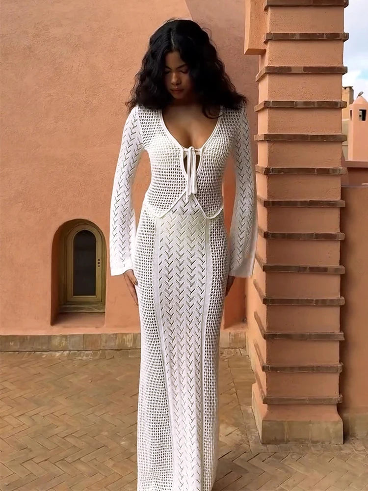 Women Sexy White Knit Swimsuit Cover Up Deep V-neck Tie Hollow Out Long Sleeve Beach Maxi Dress 2025 Summer Holiday Outfit K186