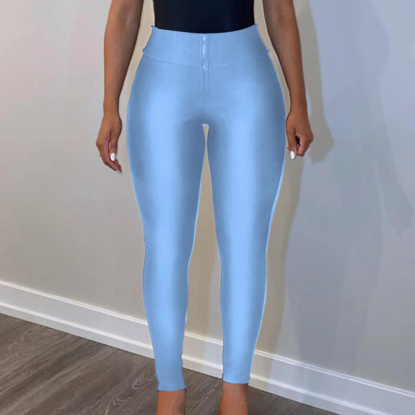 FAGADOER Summer New Fashion Zipper Patchwork Leggings Pants for Woman Solid Color High Waist Bodycon Pants Female Sportswear New