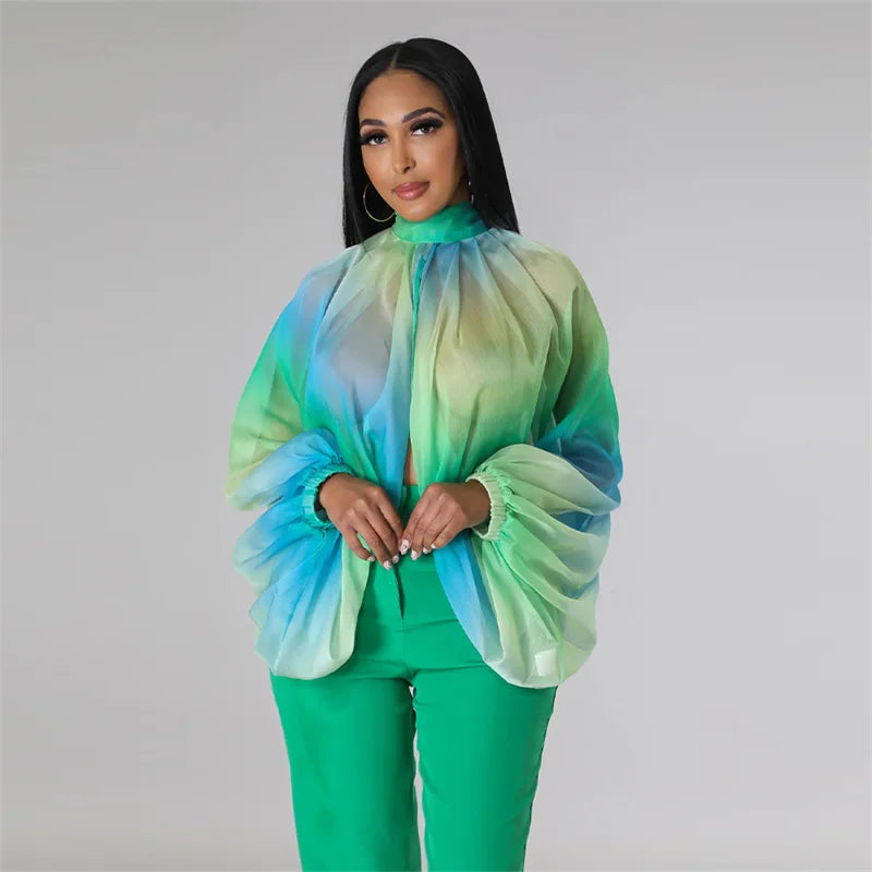 Printed Batwing Sleeve Chiffon Blouse With Sheer Front for Women