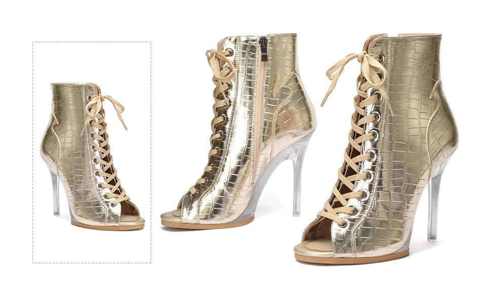 Lace-Up Crystal Heel Ballroom Dance Boots for Women