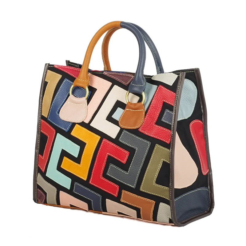 Genuine leather women's bag, ethnic style color contrasting design, large capacity tote bag, women's handbag