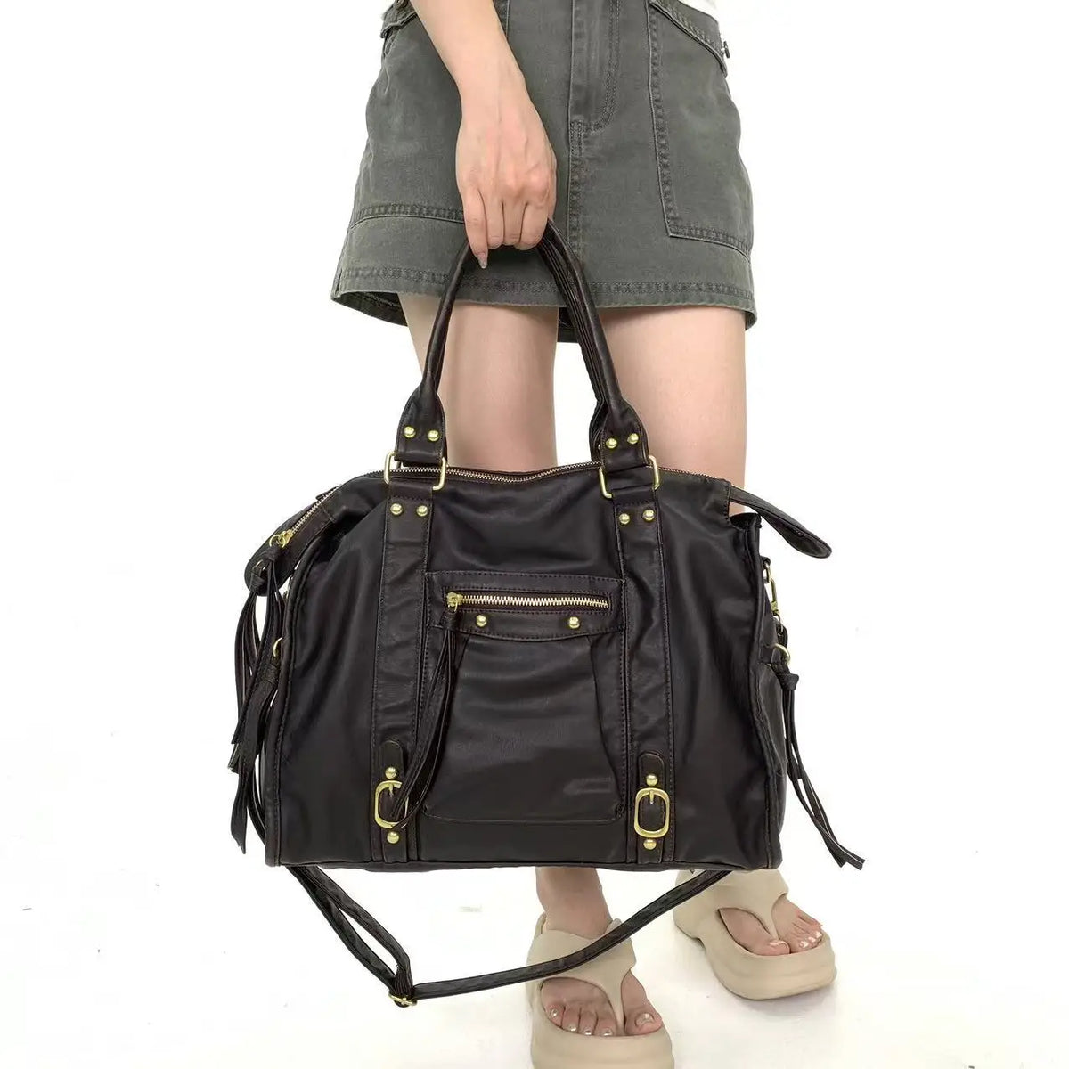 Retro Multi-Pocket Motorcycle Shoulder Bag for Women