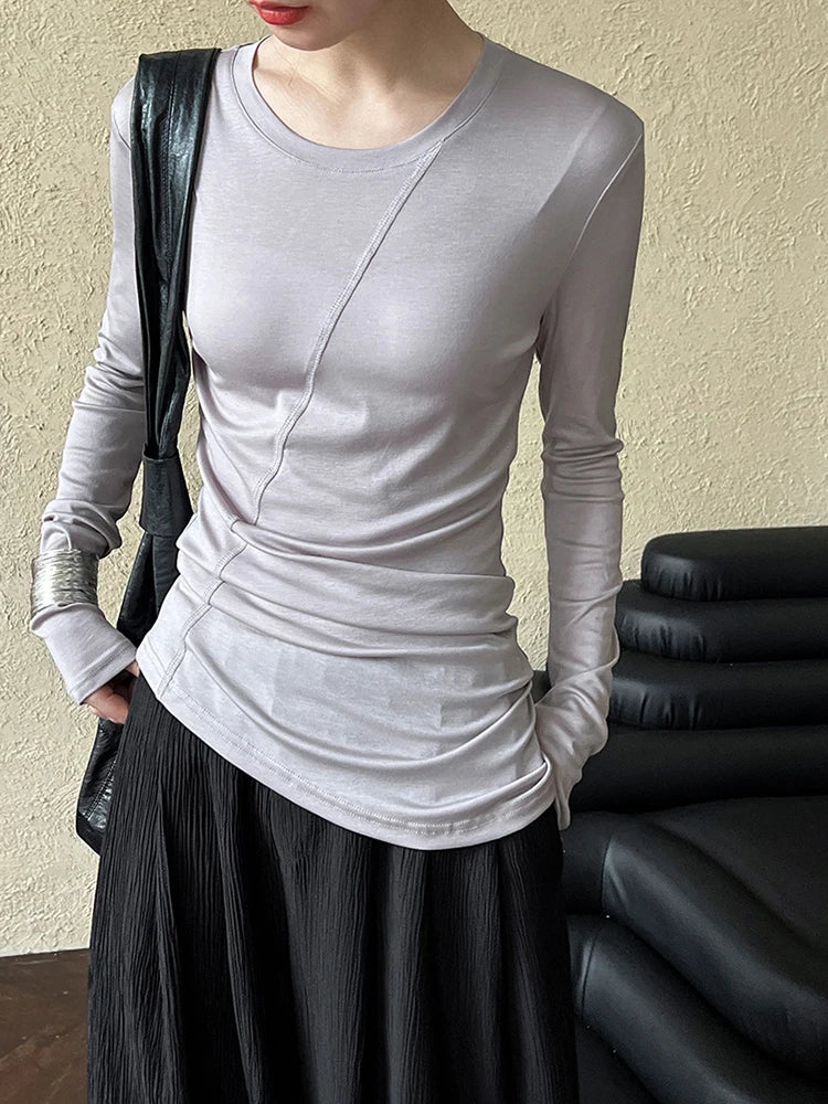 [EAM] Women Gray Thin Perspective Slim Irregular T-shirt New Round Neck Long Sleeve Fashion Tide Spring Autumn 2025 1DH9981
