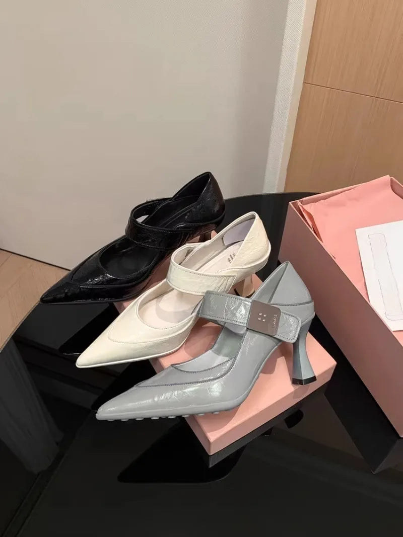 Soft Leather Pointed Toe Pumps With Metal Buckle for Women