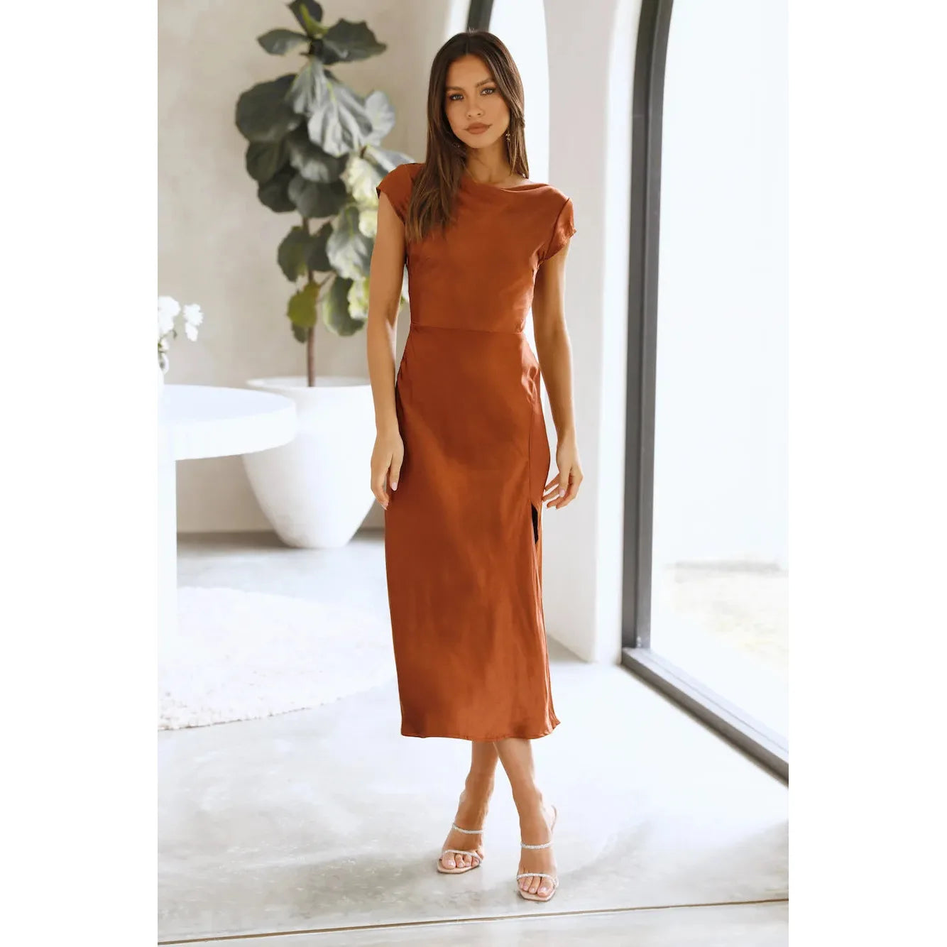 Elegant Solid Color Satin Slim Backless Slit Dress for Women