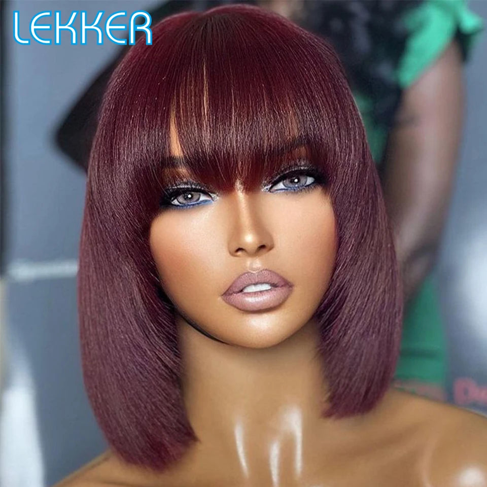 Short Brown Pixie Bob Human Hair Wig With Bangs for Women