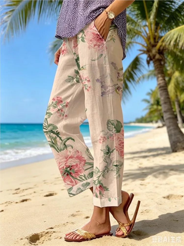 Elegant Printed Loose Ankle-Length Casual Pants for Women