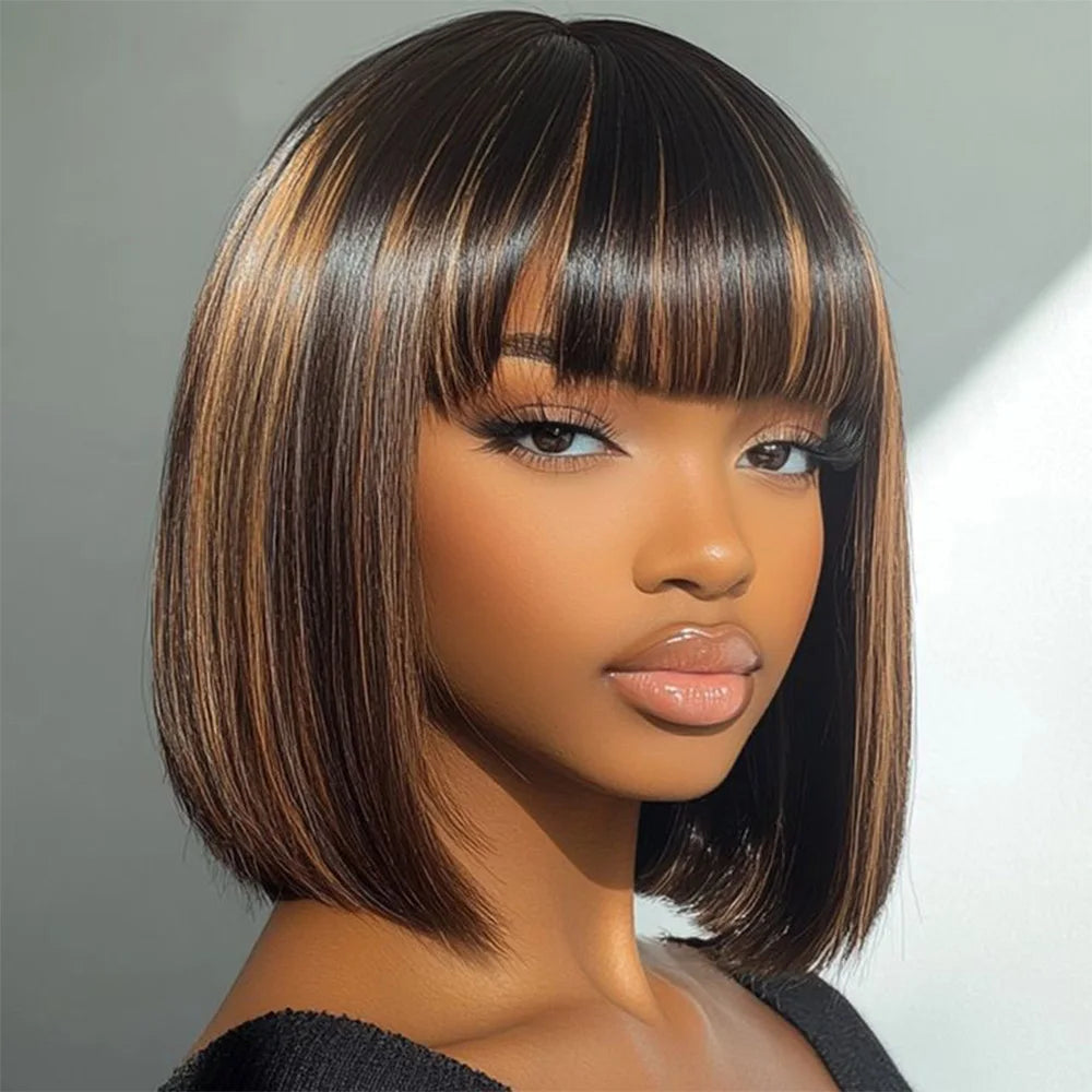 Soft Silky Highlight Brown Straight Bob Wig With Bangs For Women