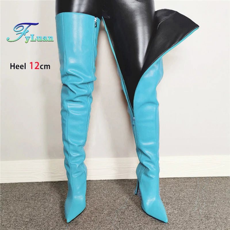 Fashion Leather Side Zipper Pointed Toe Stiletto Over The Knee Boots for Women