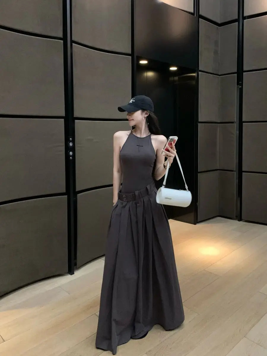 Gray High Waist Button Placket Midi Dress For Women