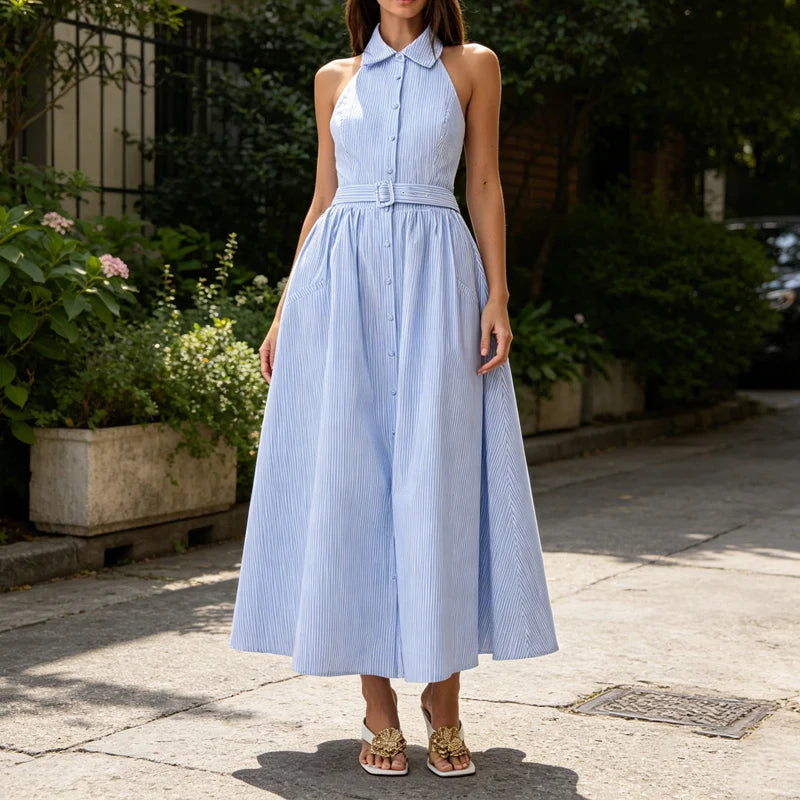 Vintage Striped Belted Ankle Length Shirt Dress for Women