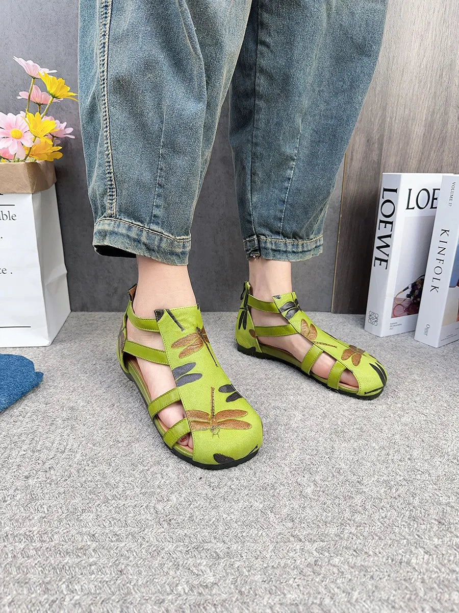 Flat Printed Genuine Leather Roman Sandals for Women