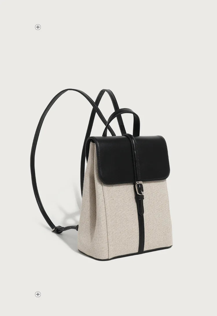 Summer new casual vacation style cowhide spelling linen shoulder bag French loose sense of backpack large capacity schoolbag