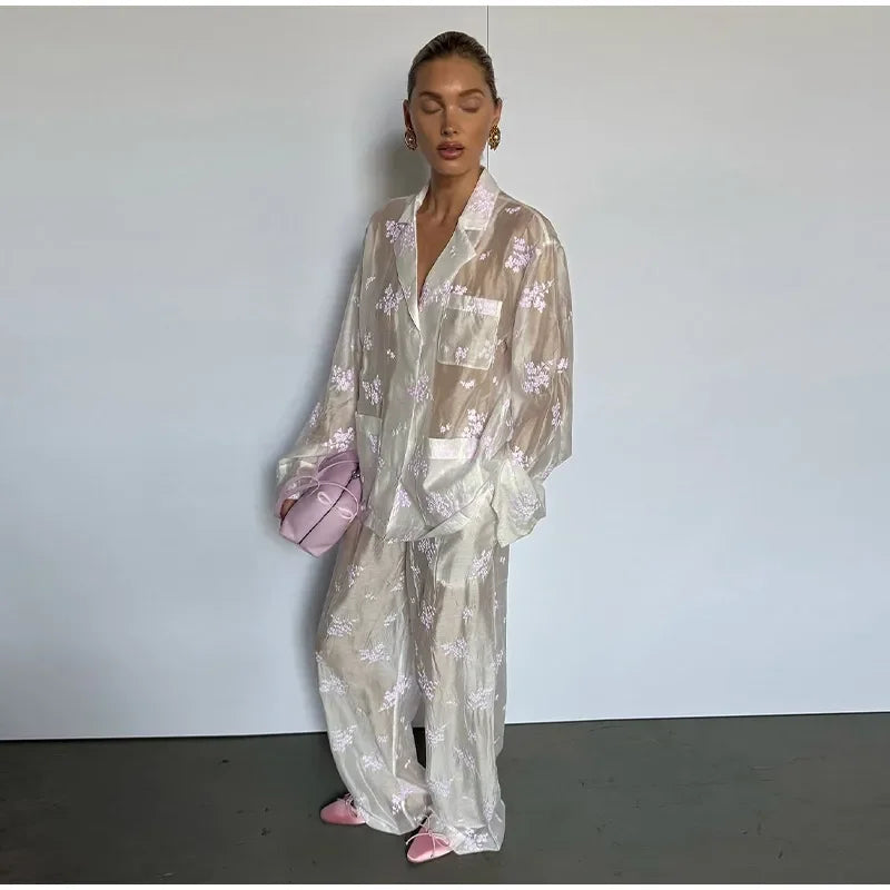 Sheer Casual Shirt and Wide Leg Pants Set for Women