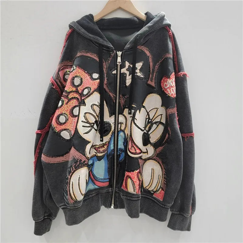 Autumn New Heavy Embroidery Cartoon Loose Coat Fashion Age-Reducing Hooded Jacket Zipper Long Sleeves Tie Top Outerwear Ladies