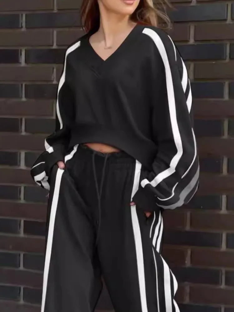 V Neck Cropped Top Color Block Set
