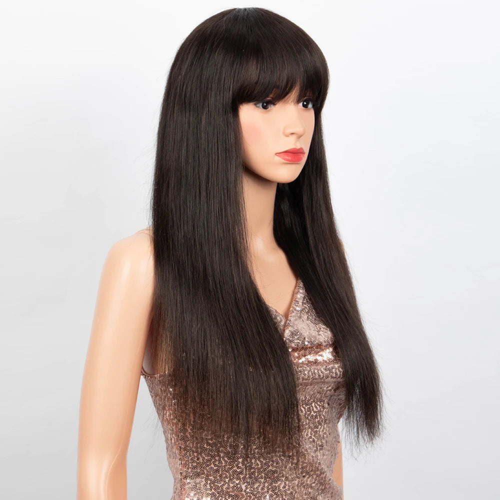 Long Straight Remy Human Hair Wig With Bangs for Women