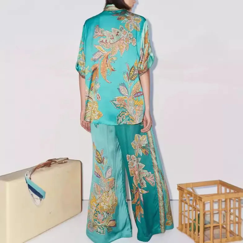 Womens Two Piece Suit Set With Long Sleeve Shirt And Wide Leg Trousers Retro Print Spring Summer Style
