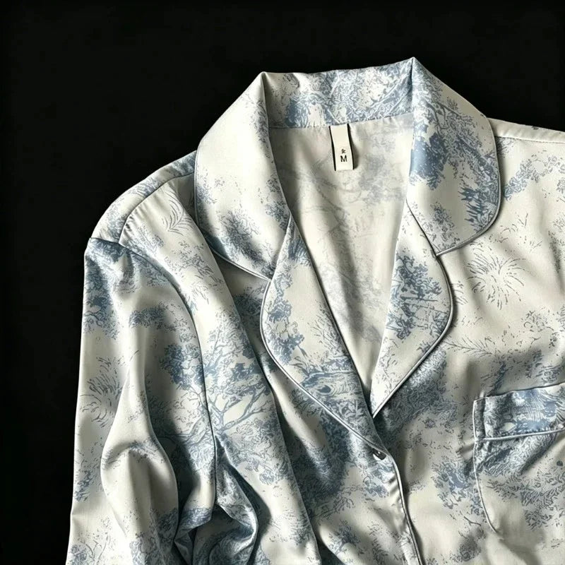 Women's Home Clothes Lapel Button Cardigan 2 Piece Outfit Set Women Printing Pajamas for Women Autumn Winter New Ice Silk