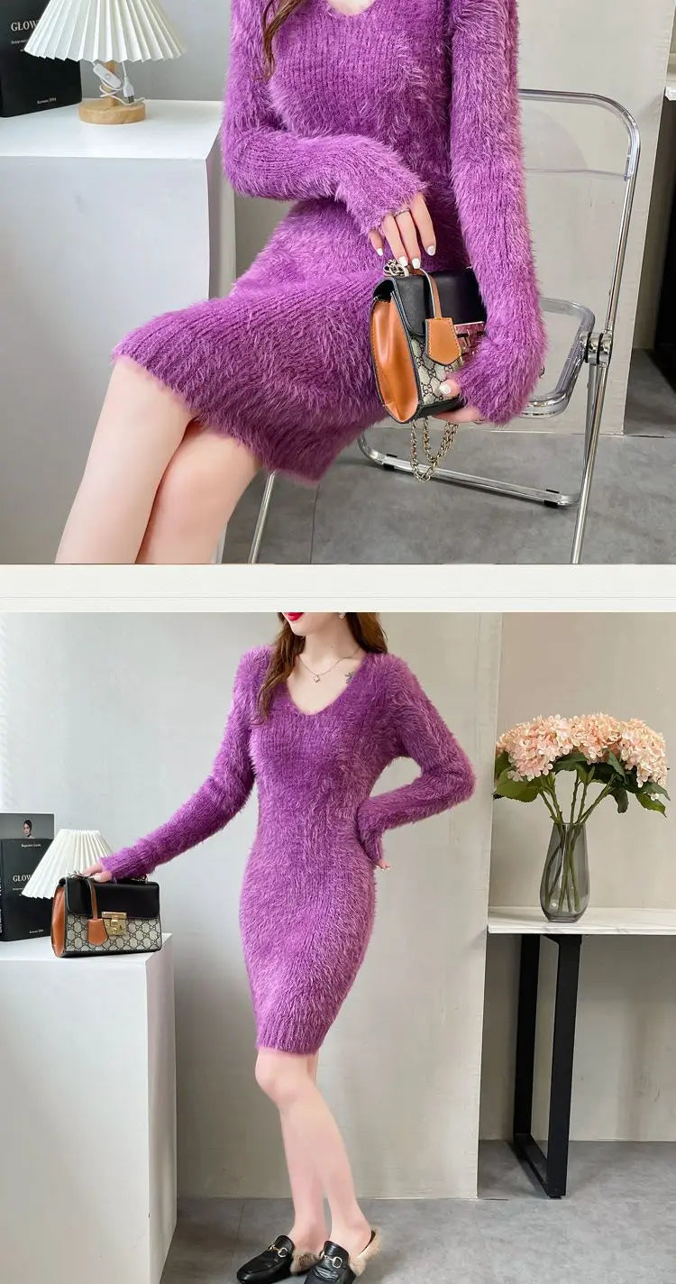Cozy Faux Mink Knit Sweater Dress
