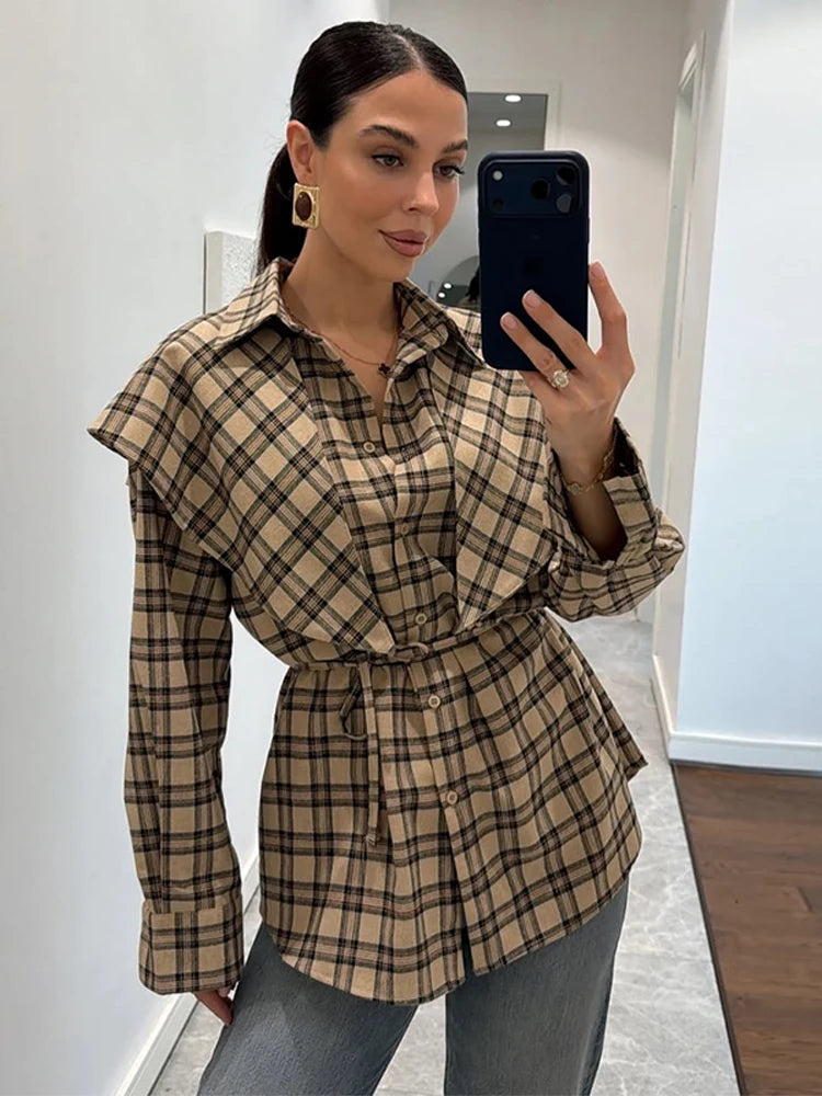Elegant Plaid Patchwork Long Sleeve Shirt for Women