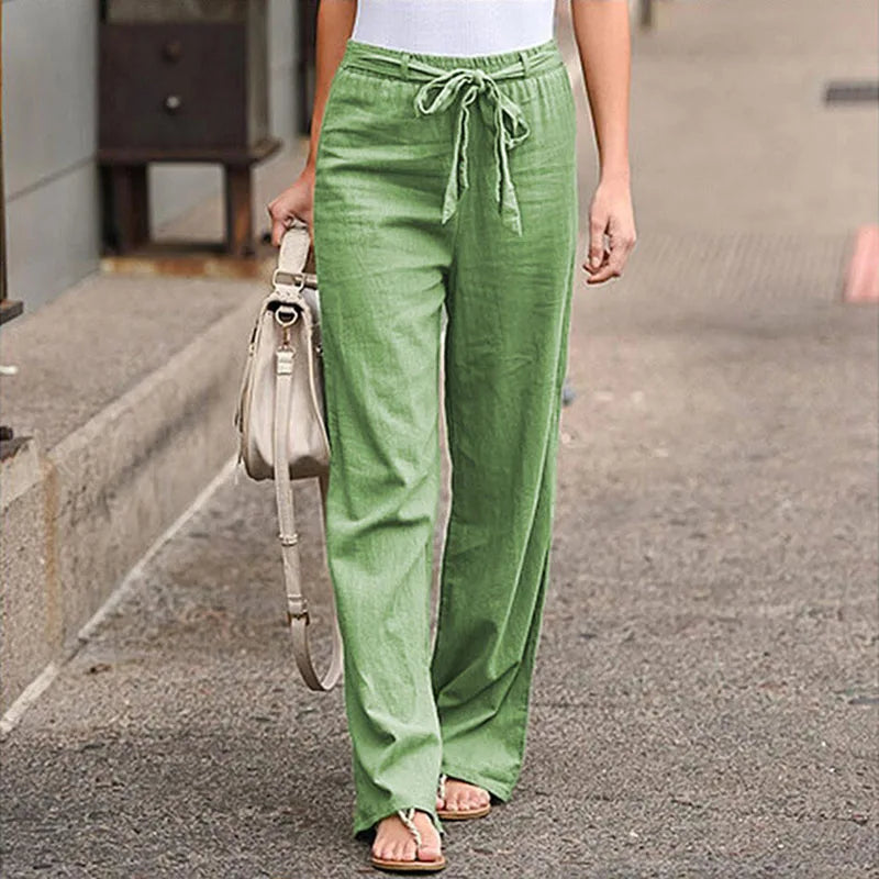 Linen Cotton Elastic Waist Ankle Length Pants for Women