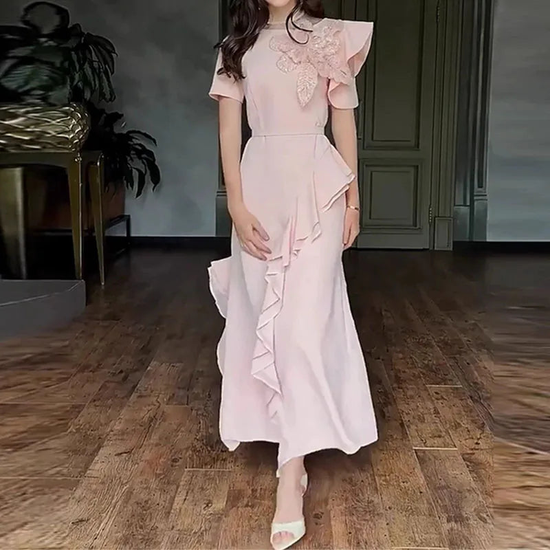 Fashion Flower Patchwork Lotus Leaf Edge Long Dress Casual Summer Banquet Dresses Ladies Temperament O-neck Short Sleeved Dress