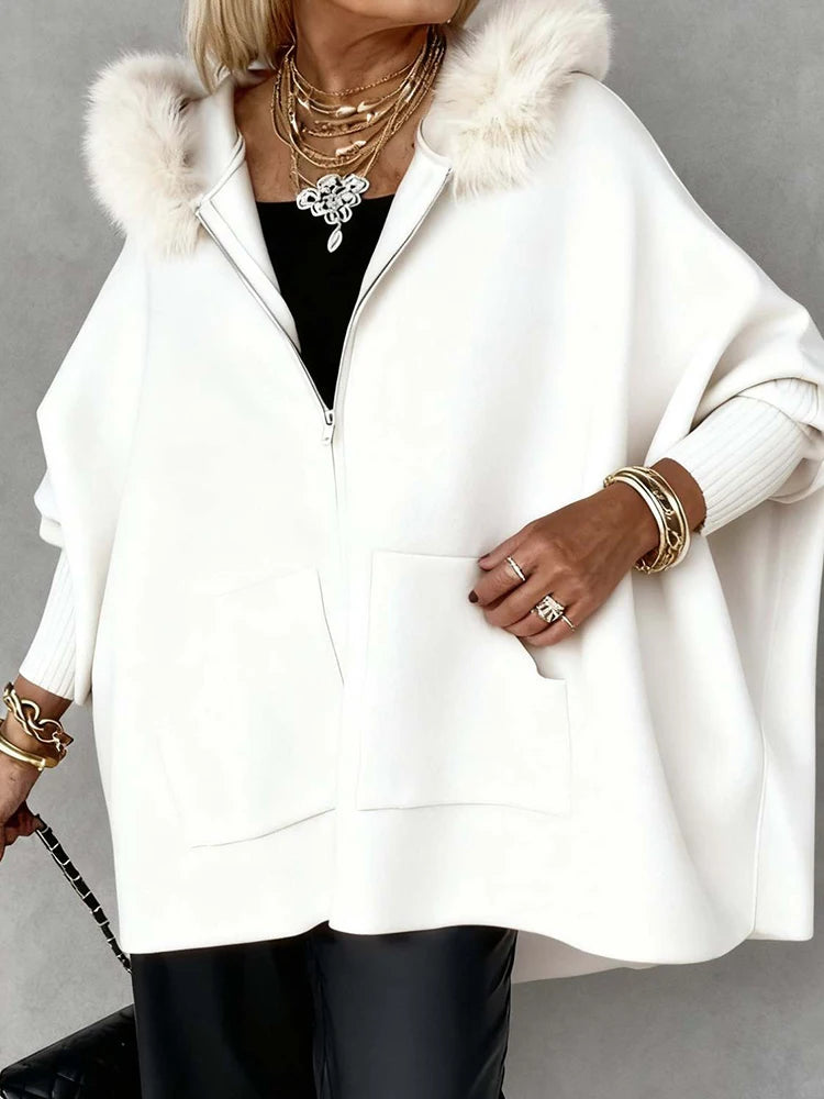 Autumn Winter Long Batwing Sleeve Chic Sweater Coats, Women Pocket Patchwork Simple Cardigan, Loose Casual Hooded Top Streetwear