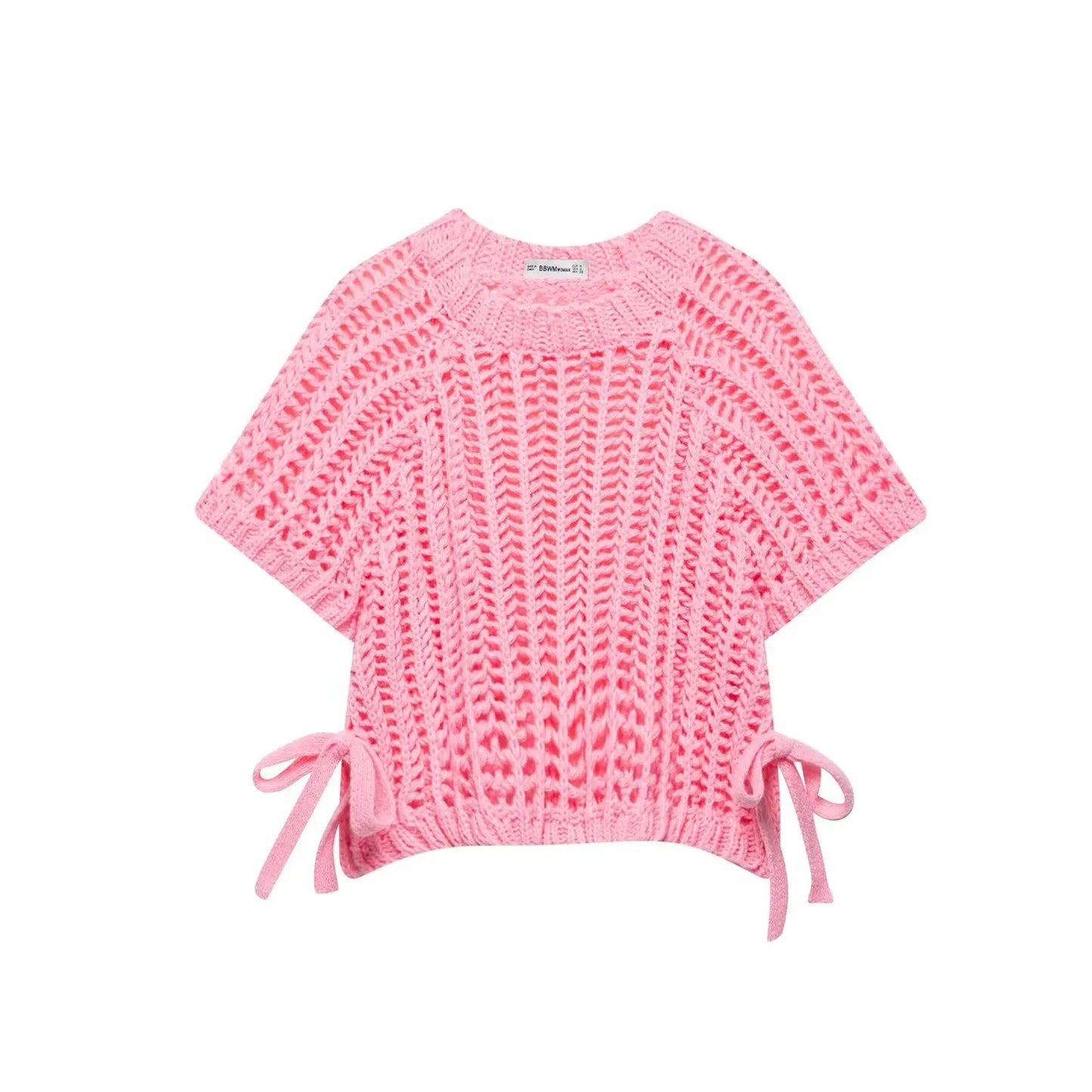 Soft Crochet With Side Bow Short Sleeves Knit Top For Women