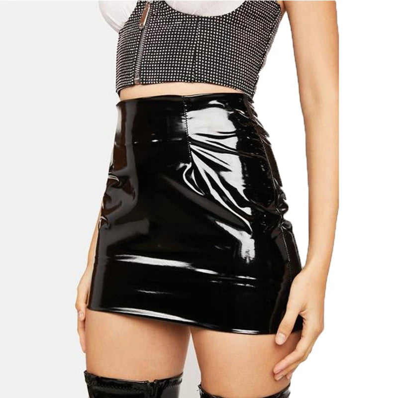 High Waist Slim Fit Faux Latex Mini Skirt for Women