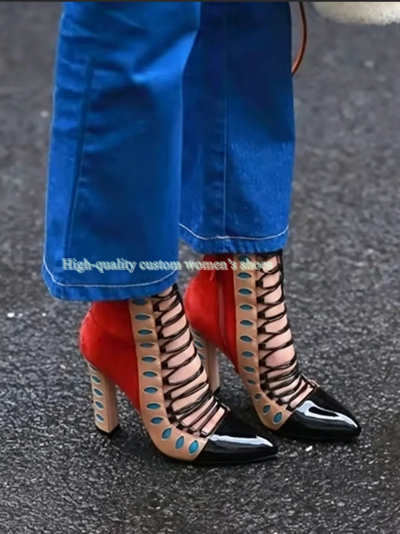 Retro Multicolor Hollow Out Chunky Heel Ankle Boots for Women