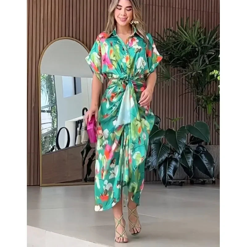 Printed Button Front Ankle Length Shirt Dress with Belt for Women