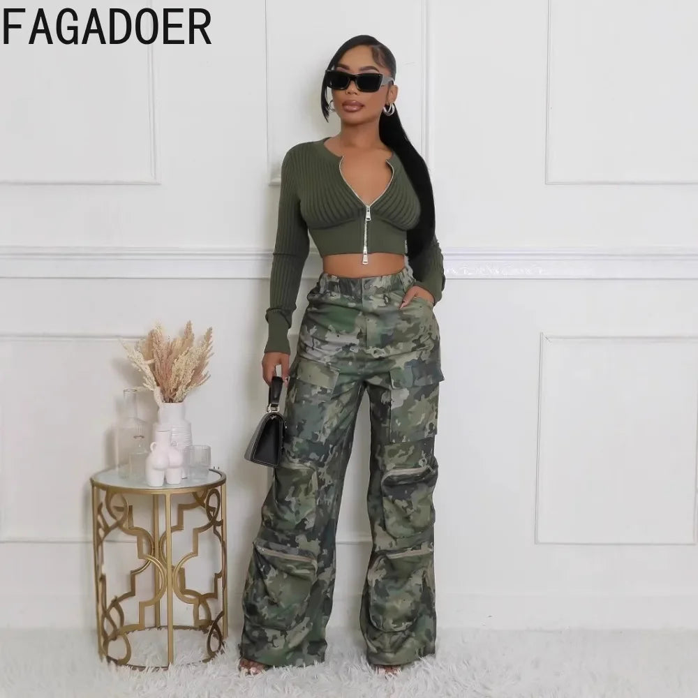 FAGADOER Fashion Camouflage Straight Pants Women Buttons High Waist Cargo Pocket Patchwork Wide Leg Trousers Y2K Streetwear New