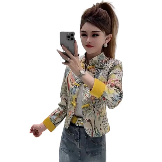 Women Print Coat 2025 Spring New Retro Chinese Printed Splicing Plate Buckle Stand Collar Long Sleeve Short Jacket Women