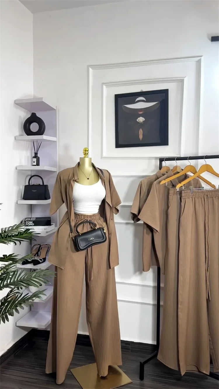 Casual Two Piece Shirt and Wide Leg Pants Set for Women